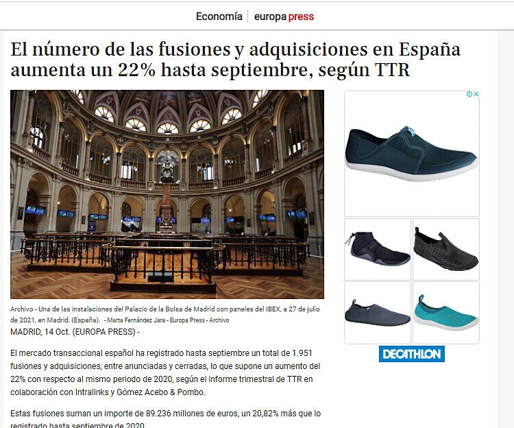 El nmero de las fusiones y adquisiciones en Espaa aumenta un 22% hasta septiembre, segn TTR